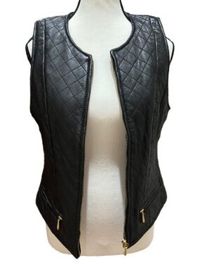Siena Studio Vintage Women’s 100% Leather Quilted Vest Sz L Black Moto Rodeo